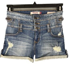 Eunina High Rise Shortie Denim Shorts Size S Small Blue Distressed Cuffed 9235